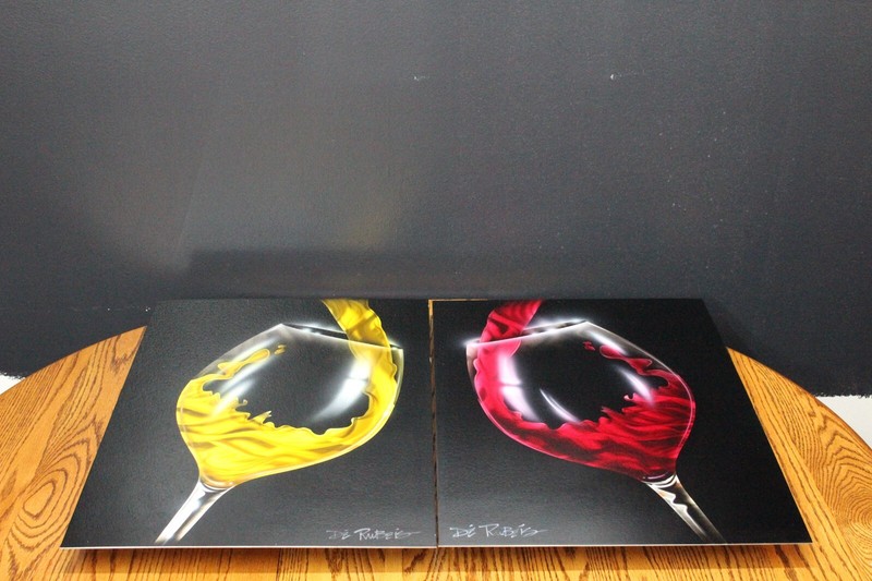 Signed DERUBEIS FINE ART mixed media on metal, wine glass pour set of 2