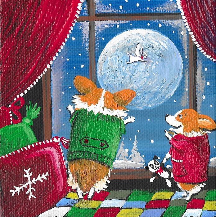 4×4 PRINT OF PAINTING RYTA PEMBROKE WELSH CORGI ANGEL XMAS folk art dog moon 🐶