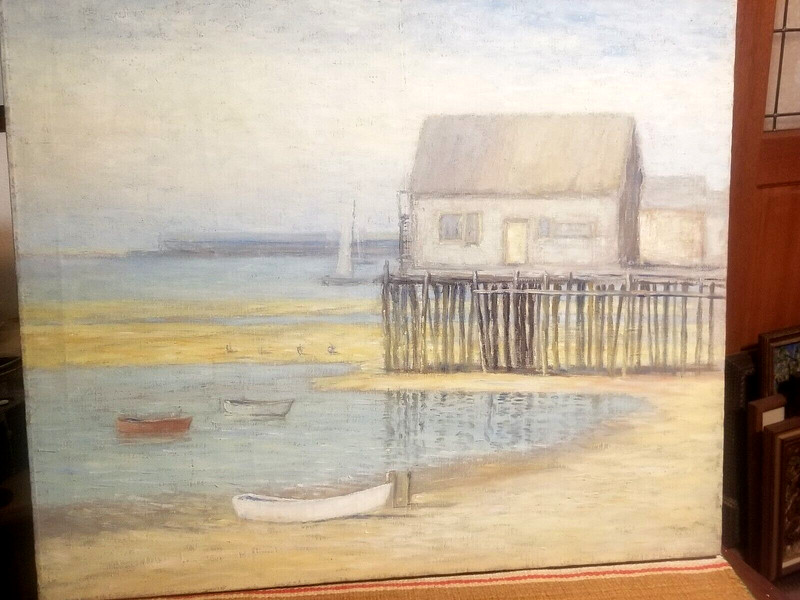 BEAUTIFUL Lg COASTAL LANDSCAPE NE BEACH & WARF SCENE MAINE RI DANIEL KOTZ 1920s