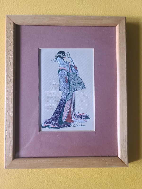 JJ Cash Coventry England Embroidered Painting 60s Japanese Geisha Signed 6 X 7.5