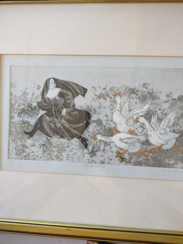 "THE RUNNER" Aquatint Nun Chased by Geese Signed Numbered 3/95 Hand Colored VTG gallery