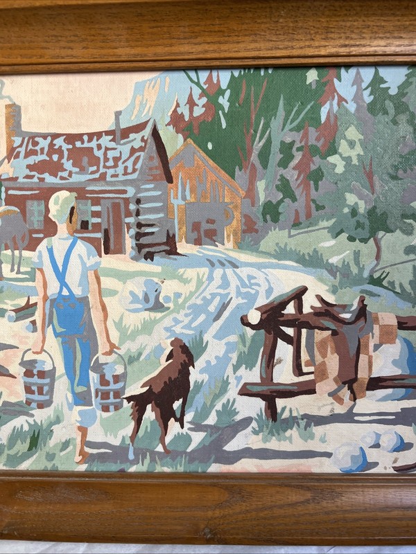 2 VTG Paint by Number Farmer with Dog & A Farmer Planting 9x12 Framed MCM #2B gallery