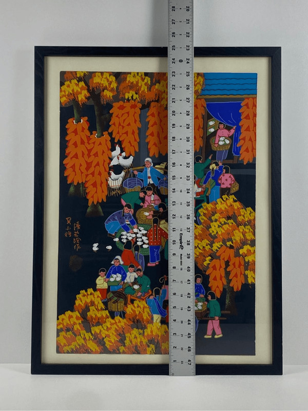 Asian Chinese Folk Art Gouache Chicken Farm Painting Stamped Signed Framed gallery