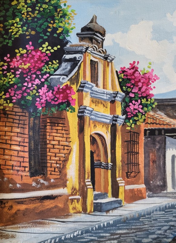 Vintage 20thC Framed Matted OIL on CANVAS PAINTING Andes Mountain PERU Townscape gallery