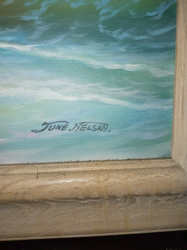 June Nelson Original Framed Oil Painting Beach Ocean Crashing Waves Sunset gallery