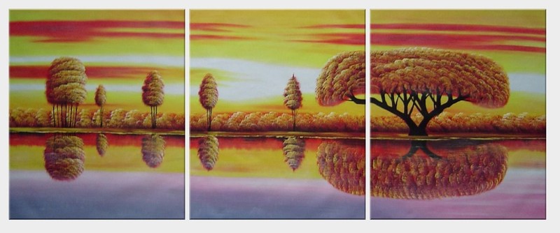 24×60 Golden Tree Reflections 3 Canvas Set Oil Painting Naturalism Landscape