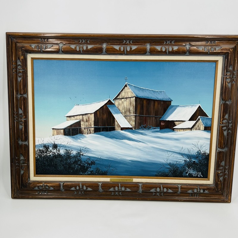 Vintage 1980 Dirk Schneider Crisp Morning Winter Barn Original Oil Painting Lg