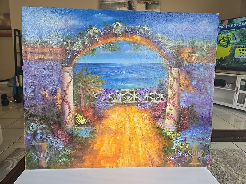 View of Mediterranean Sea through Arch Painting Naturalism Garden 24 x 20″