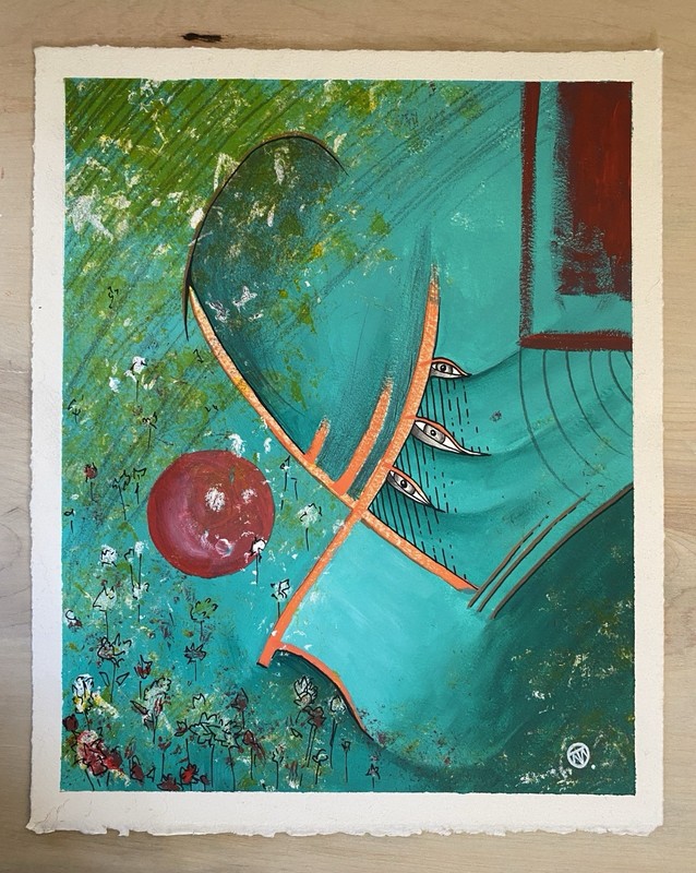 Original Abstract Painting. Acrylics, Ink And Pencil On Paper 11x 14 Inches