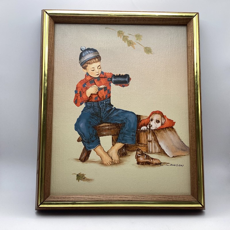 Oil Painting C. Carson Signed Wood Frame Boy and Dog “Norman Rockwell” Americana