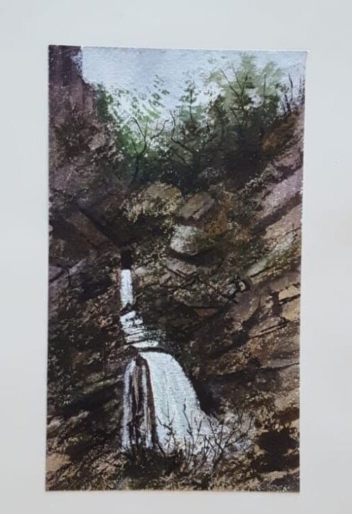 Antique Ink Original Drawing Landscape, Forest and Waterfall Artwork