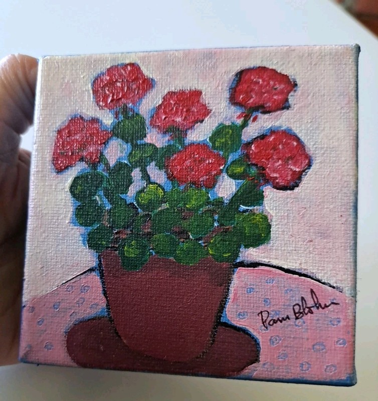 Potted Flowers "Red Geraniums " Original Acrylic Painting On Canvas 4" gallery