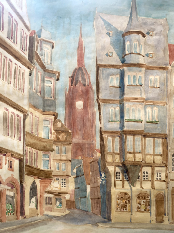Watercolour Frankfurt Am Main, View by The Römerberg On Domturm Antique Signed