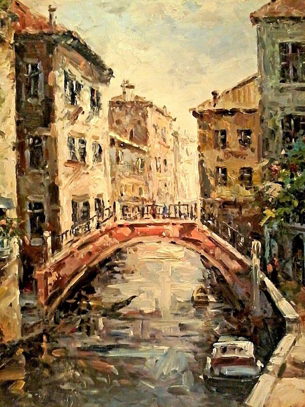 20th C FRESH IMPRESSIONISTIC VENICE BRIDGE Sd R JASMIN ORIGINAL O/C LIGHT & AIRY gallery