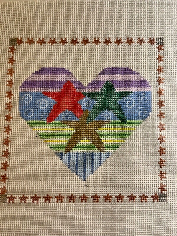 Handpainted Needlepoint Valentines Day heart w/stars 13ct Zweigart Canvas #44