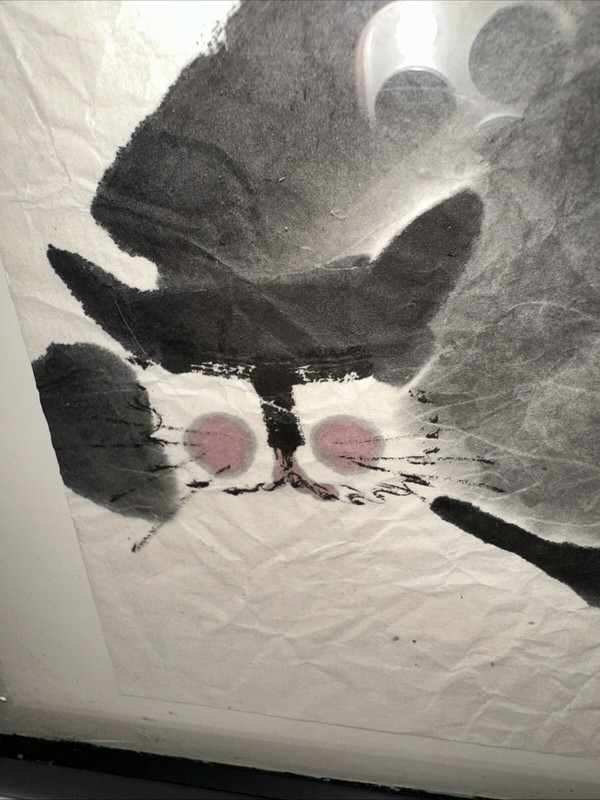 John Chen Framed Sleeping Cat Painted On Rice Paper signed Super Cute Face