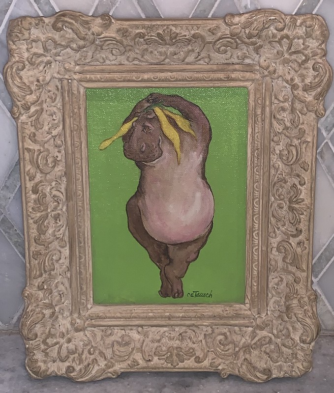 Original Vintage MCM Dancing Hippo Painting Framed Signed CE Tausch 10.5”x8.5”