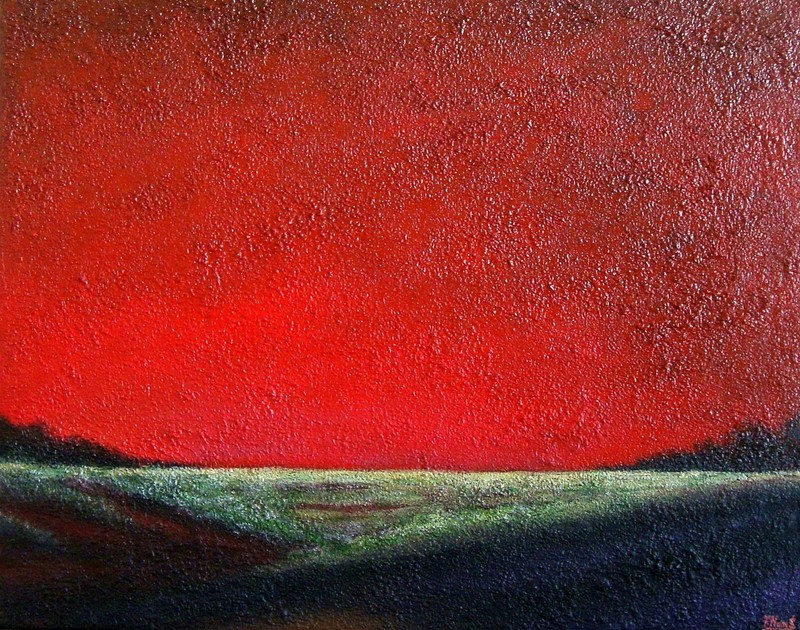 Abstract Minimalist landscape original acrylic painting «Ruby Sunset», 20x16x1