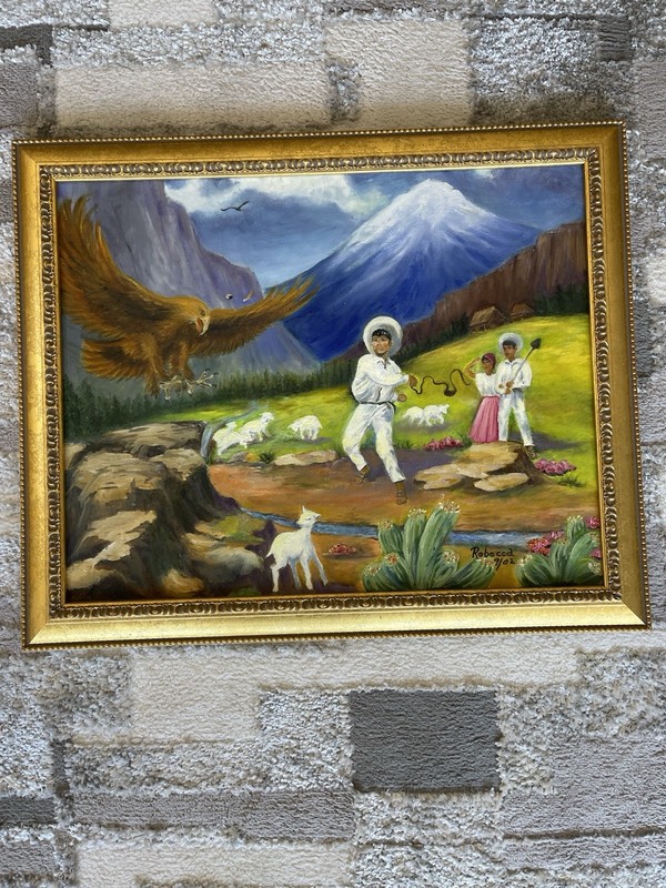 Hand painted Ecuadorian Andean Oil Painting By  Rebecca 9/02 Frame is 23”x19”
