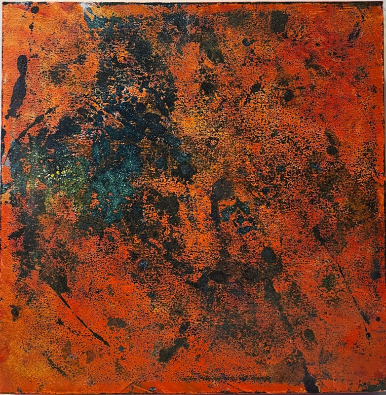 abstract green orange mixed media oil painting LW 40x40x6 cm color composition original