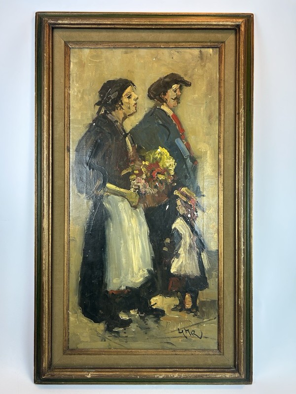 Vintage European Market Scene Oil Painting Signed Mid Century Figurative Art