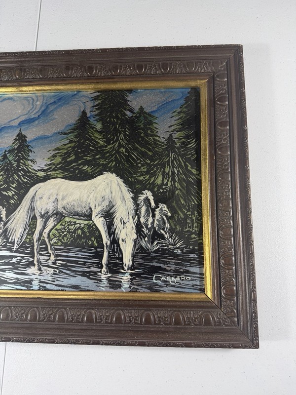 Vintage Framed Carreno Signed White Horses River Forest Painting Canvas Art gallery