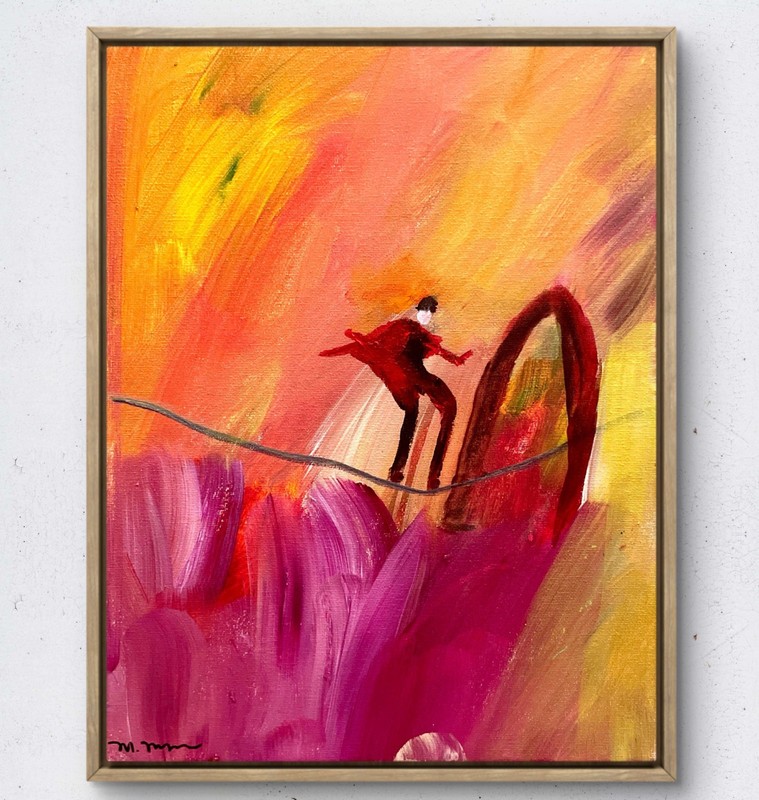 Original Acrylic Abstract Adventure Figure Balanced on Line Vibrant Colors 11×14