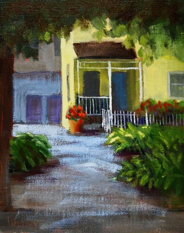 Historic Yellow House Painting Cedarburg Porch Red Flowers Original Oil Whitney