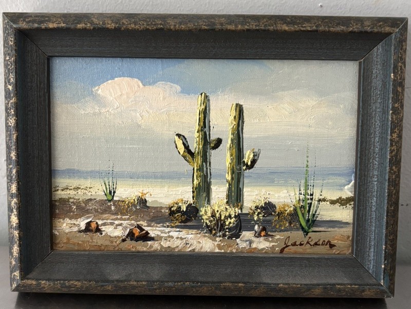 Sonoran Desert Painting Signed Jackson Saguaros & Cactus 5.5” x 3.5” Framed