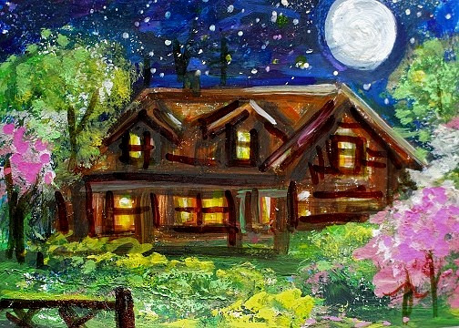 ACEO Original PAINTING Spring TREE Night Sky Moon CABIN Nature Landscape ATC ART