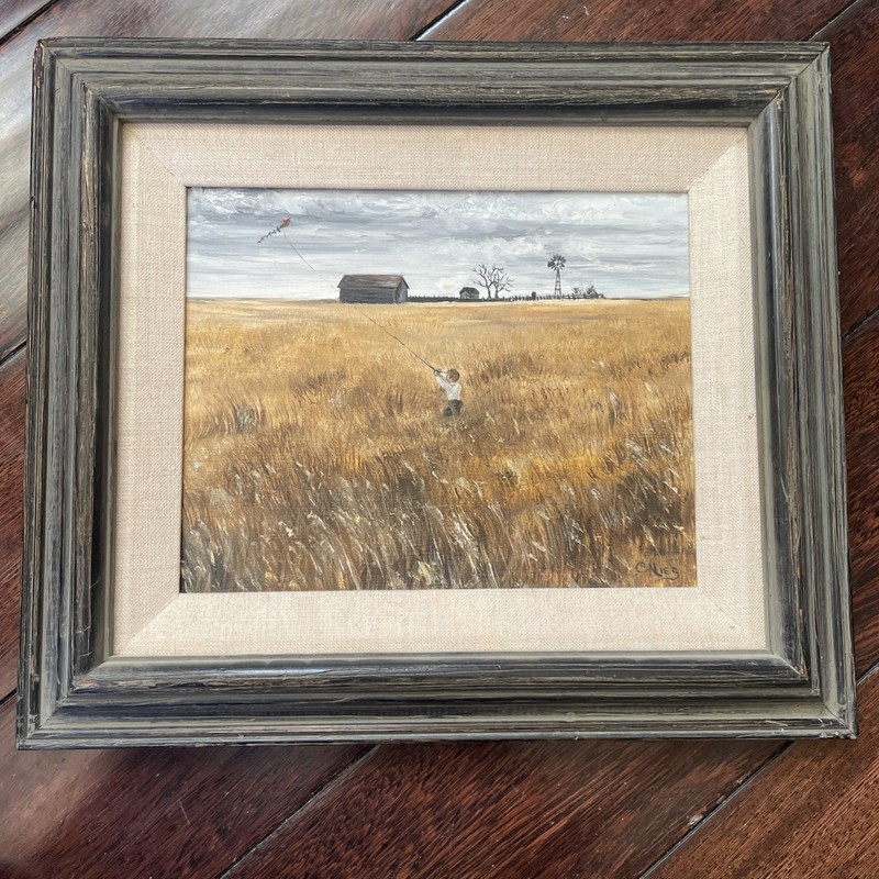 Original Oil Painting By Carol Nies Bilder Wood Frame 15”x13” Farm boy W/ Kite gallery