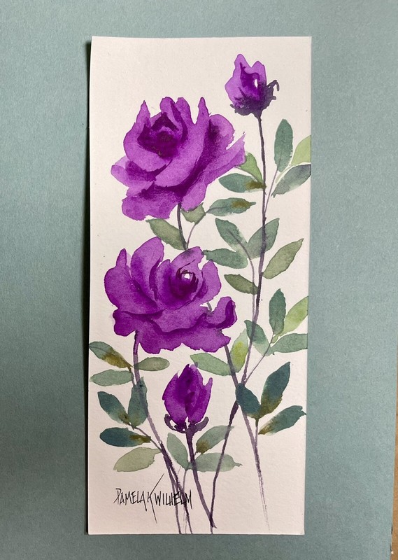 Pamela Wilhelm original 2.5×6” Watercolor Mounted On 5×7” Mat Board Magenta Rose