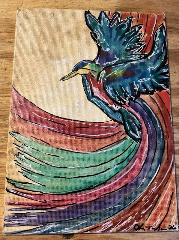 5×7 Acrylic And Water Color Painting On Canvas Board Bird Colorful Signed