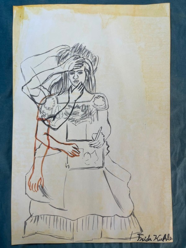 FRIDA KAHLO drawing and painting on old paper signed stamped vintage