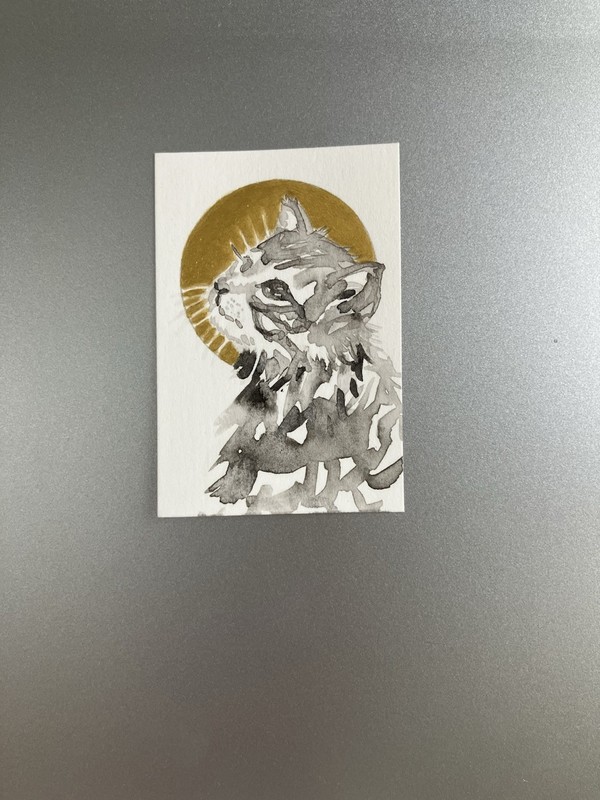 ORIGINAL Kitten Sunset Painting Cat Miniature Realism Art Sumi-e Gold Accent USA