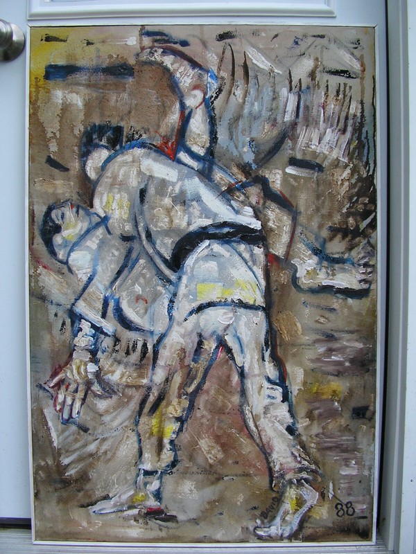 Oil Painting Art Judo Bout Martial Artists Fighters Blackbelts Karate Jui Jitsu