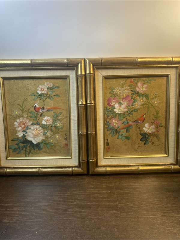 Chinese Paintings of Flowers Birds on Cork Paper Framed Signed Set Vintage