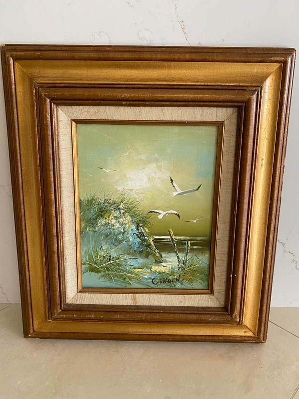 Vtg Conden Signed Framed Matted Oil Painting Seascape Beach Dunes Seagulls Ocean
