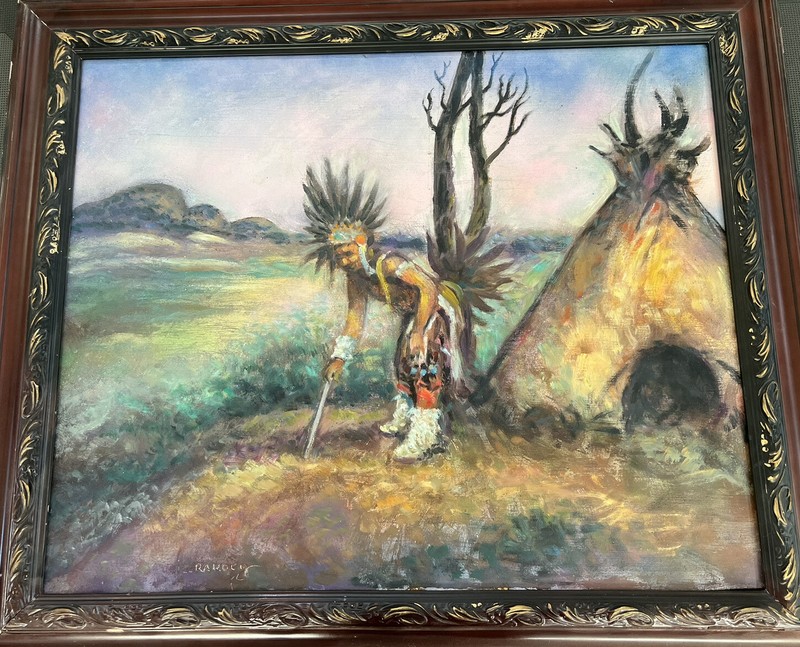 Vintage Native American Oil Painting “Indian Dancers & Tent” by Bill Rakocy