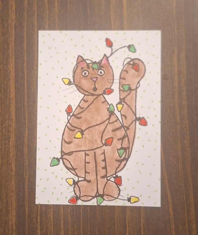 ACEO Original Tangled Christmas Kitty Cat Cartoon Watercolor Painting