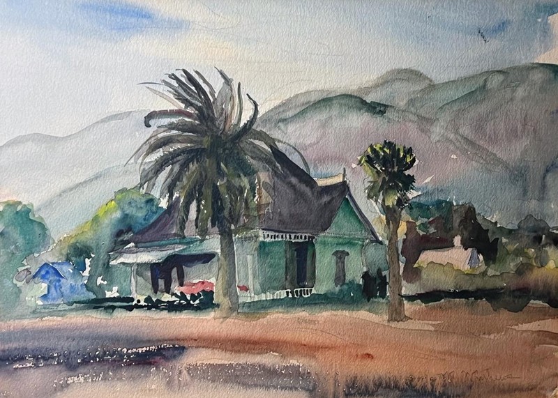 Vintage Original Signed Watercolor Landscape Painting House Palm Trees M Mathews