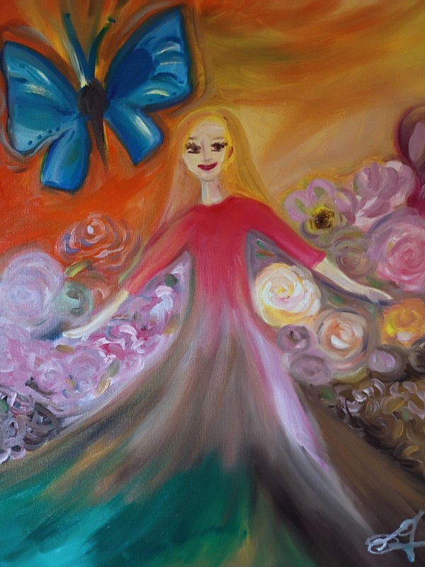 Joyful Woman with Blue Butterfly and Flowers Oil Art Handmade Original 16 x 20