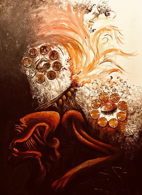 Greedy Denial: Opaque Watercolor Gouache, acrylic paint, gold flakes, pennies