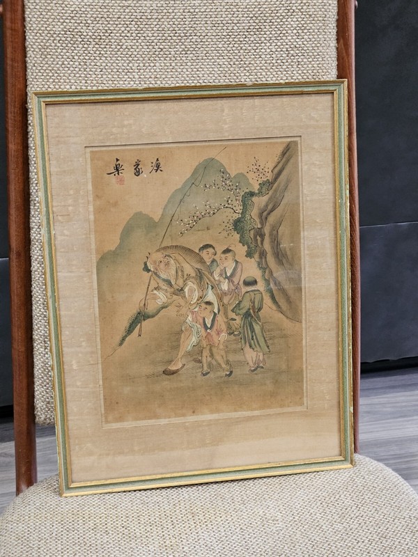 Estate Antique Chinese Silk Painting of Family Fishing. Signed.