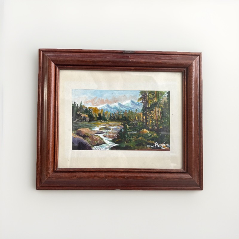 Vintage Mountain Forest River Scene Painting, signed, matted & framed 13 x 11