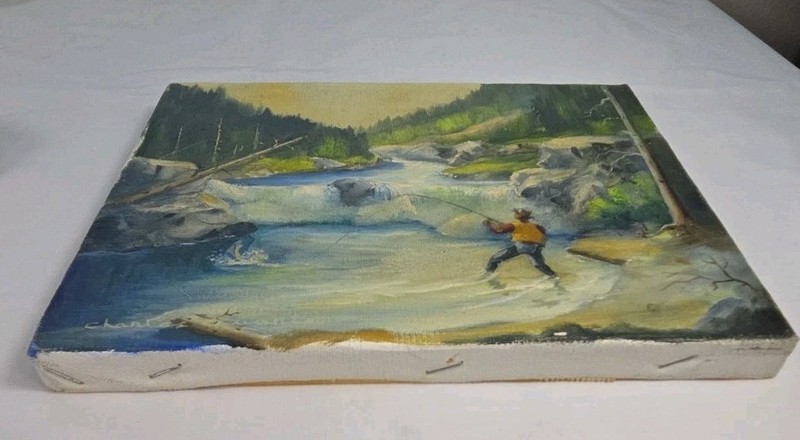 Oil Painting Of Fisherman In A Mountain River Landscape, Signed. gallery