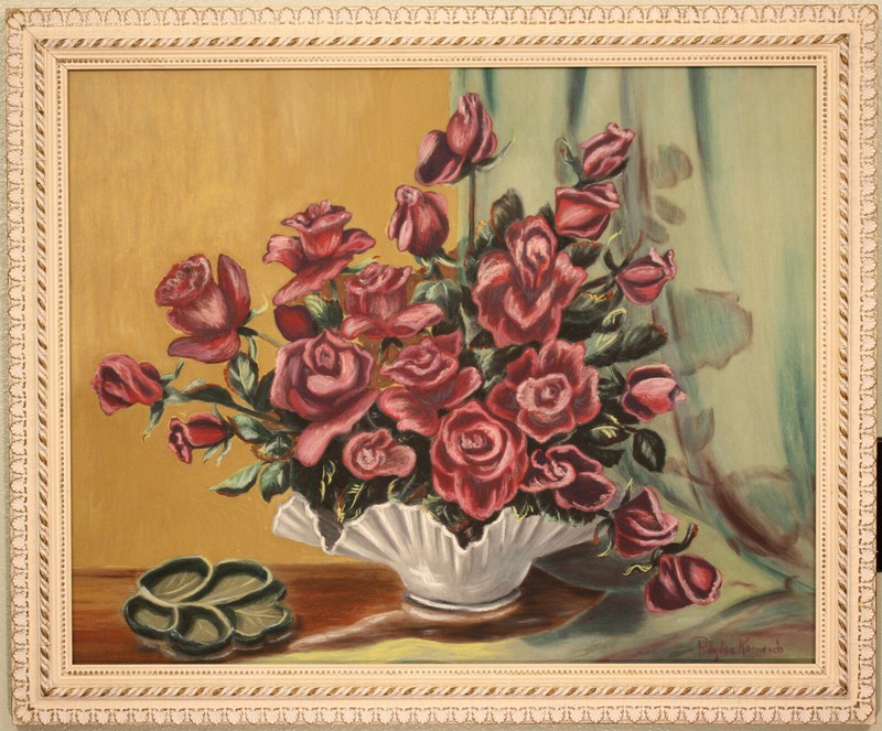 ANTIQUE ROSE STILL LIFE WITH PAINTED & GESSOED WOOD FRAME – SIGNED – SHABBY CHIC