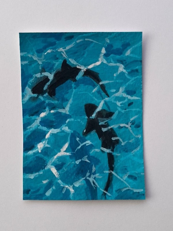 ACEO Original Gouache Sharks swimming in Blue Ocean Mini Painting «2,5 x 3,5»