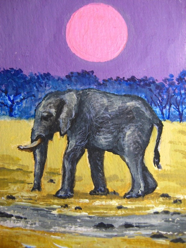 Painting Elephant Sunset Safari Africa Savannah Animals Nature ACEO Art No.33