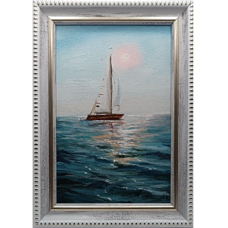 Misty Ocean Sailing Boat Small Textured Painting Original Pastel Beach Decor